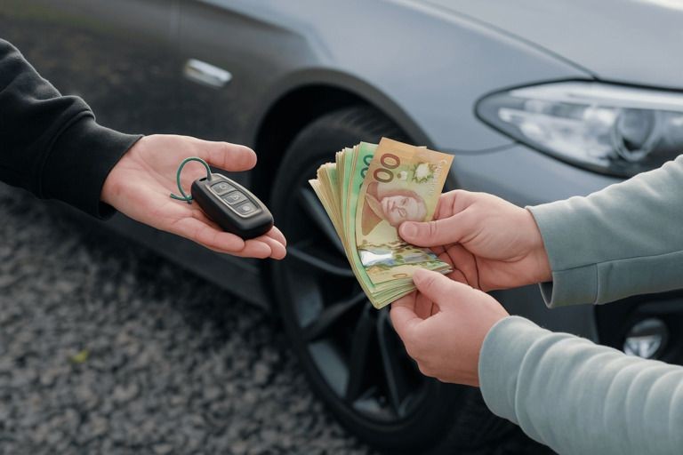 Close-up of a person handing over a car key fob while another person offers a stack of Canadian cash, including $100 and $20 bills, with a grey car in the background, illustrating cash for cars or selling a vehicle in Canada.