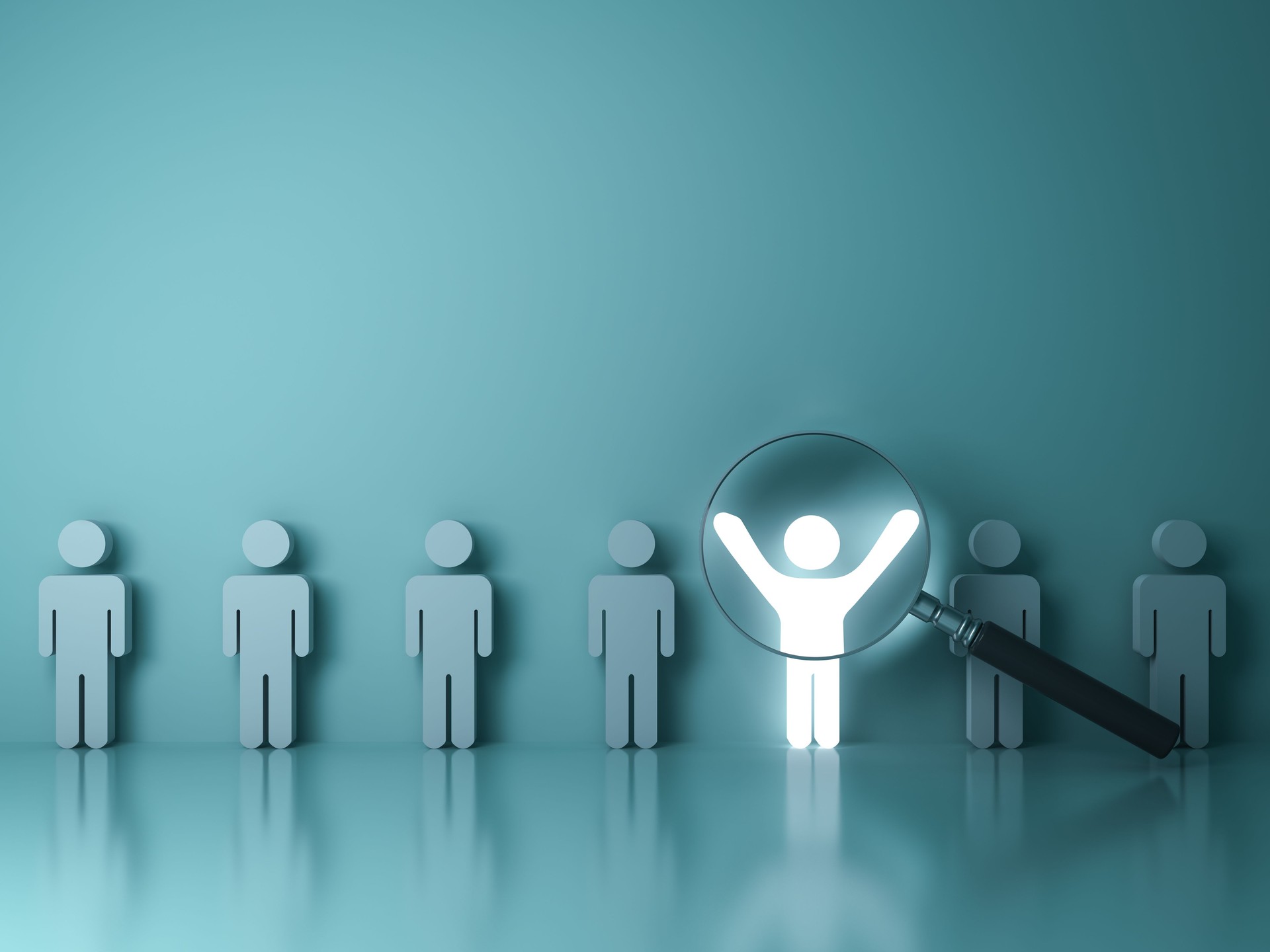 Searching for the right person concept, Stand out from the crowd and different concept , Magnifying glass focusing on the light man standing with arms wide open on green wall background. 3D rendering